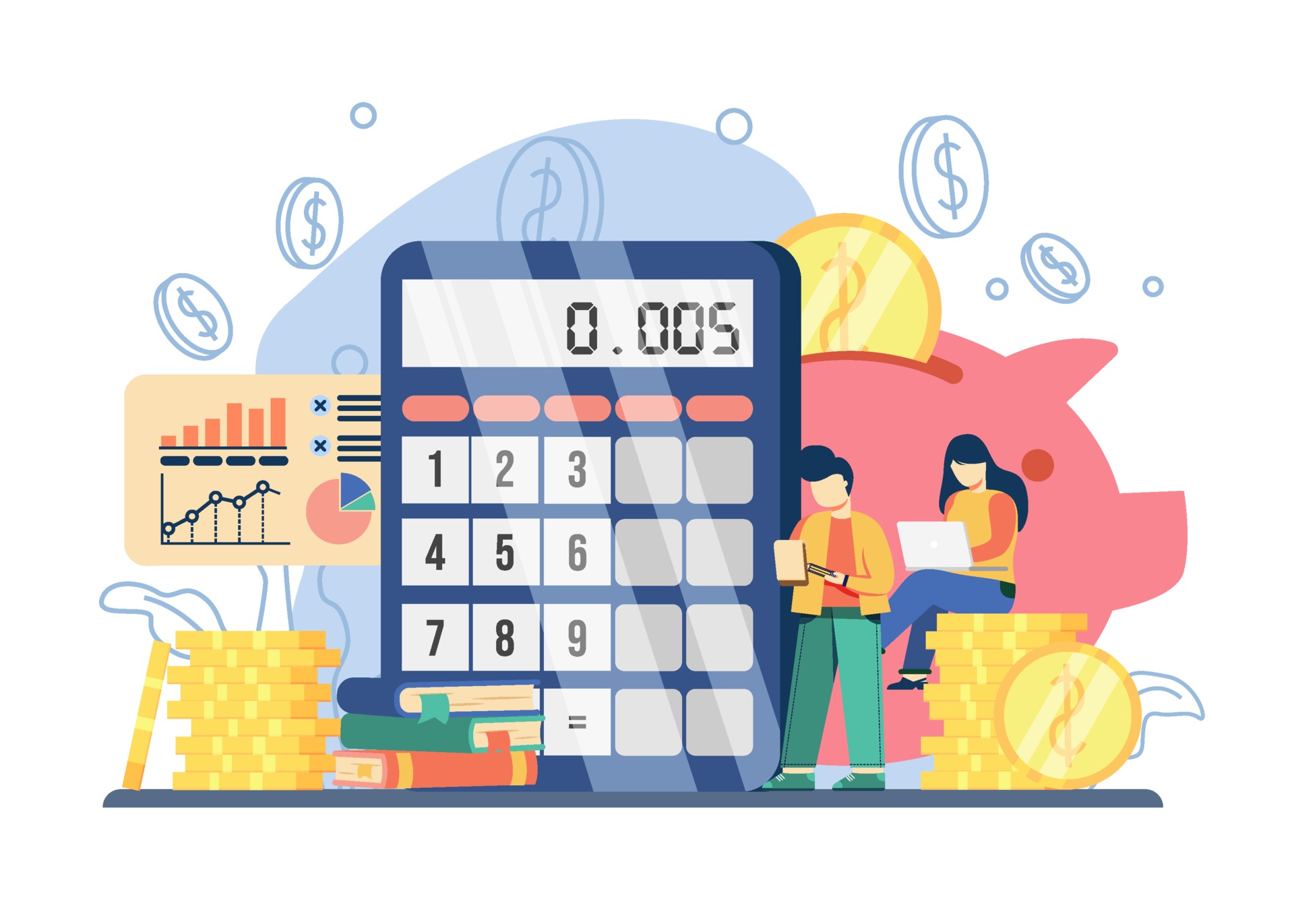 accounting courses concept.big calculator and piggy bank with man and woman sit on stuck of coins. can be used for landing pages, web, user interface, banners, templates, backgrounds, flayer.