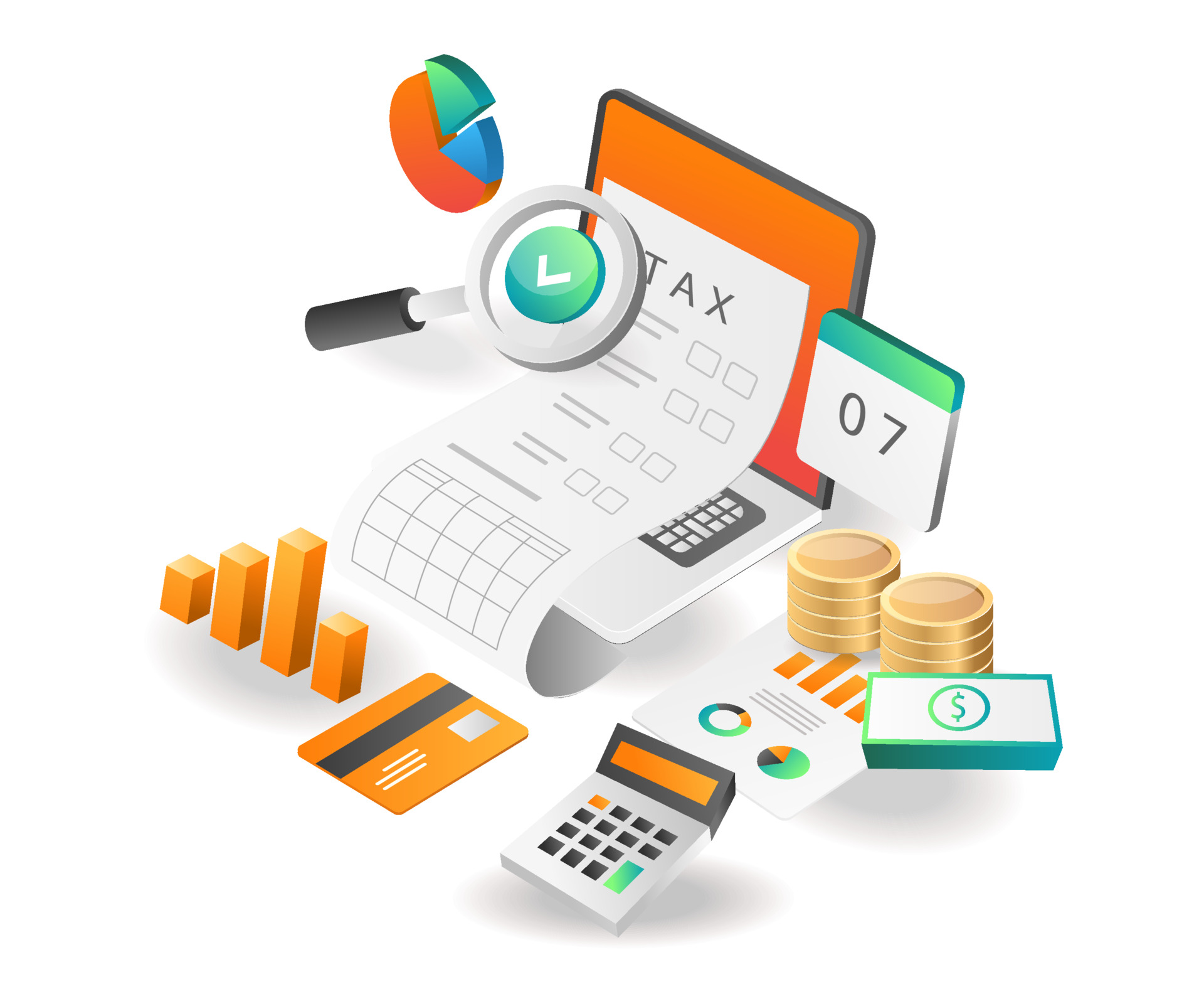 illustration isometric concept. tax accounting analysis data for investment business company